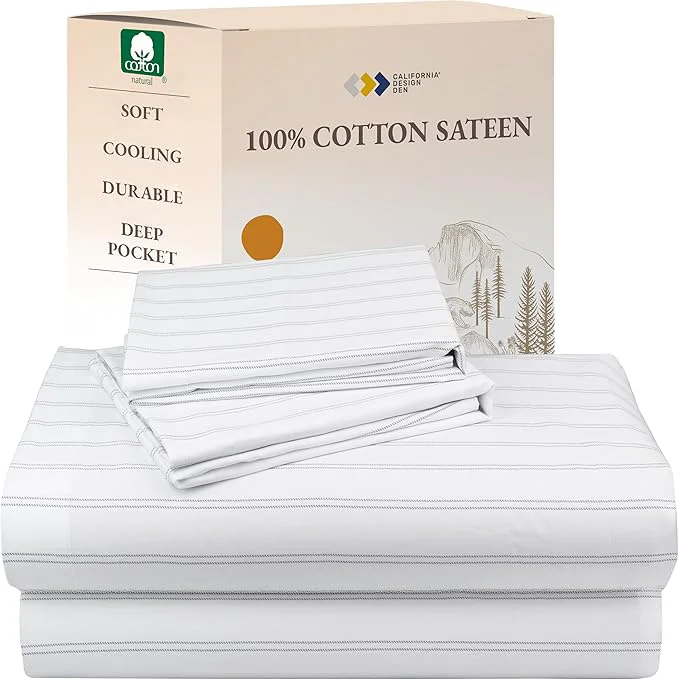 Proven California Design Den Stripe Sheets Queen Size Cotton Sateen Printed Pattern Deep Pocket Queen Sheets amp Pillowcase Set – Classic Stripe Comfortable