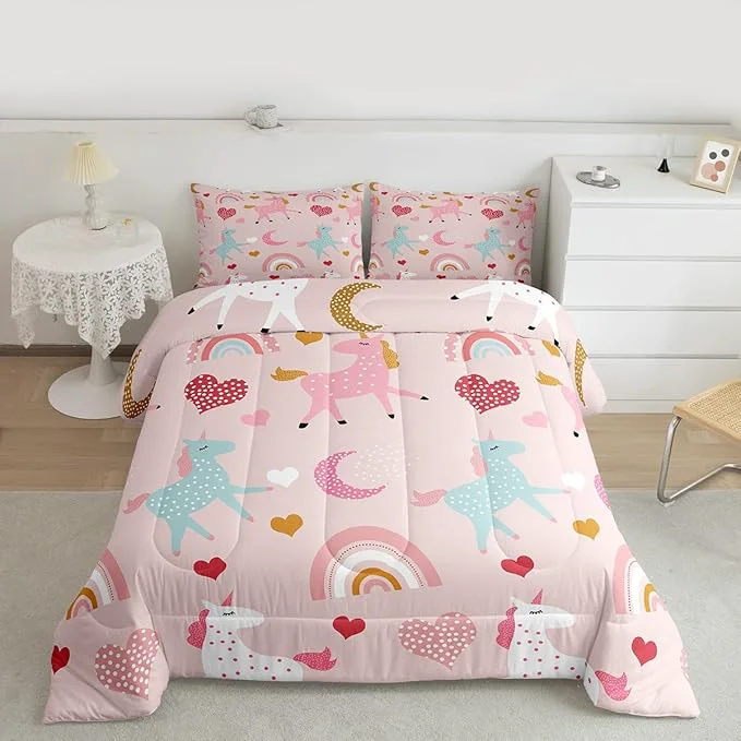 Natural Feelyou Girls Unicorn Comforter Set Full Size Kids Cute Pink Rainbow Horse Decor Comforter for Unicorn Lover Daughter Bedding Set Boho Star Moon Duvet Set 1 Comforter 2 Pillowcases Full Practical