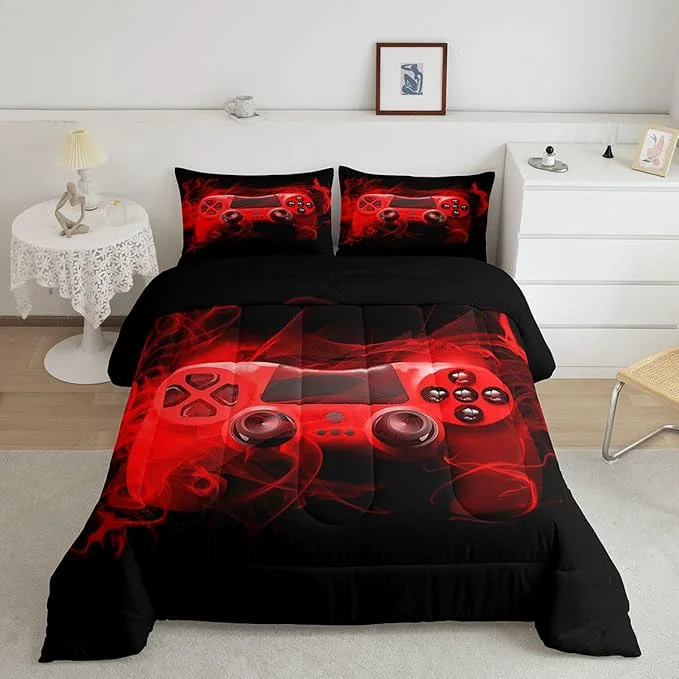 Detailed Feelyou Kids Gaming Comforter Set Queen Size Gamer Bedroom Decor for Boys Girls Teens Video Game Controller Bedding Set Youth Gaming Console Comforter Red Black with 2 Pillow Case Elegant