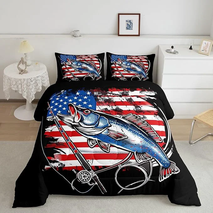Advanced Feelyou Bass Fish Bedding Set Full Size Farmhouse Fishing American Flag Comforter Set for Kids Boys Girls Teens Fishing Lover Room Wild Pike Fish Decor Comforter Red Blue Stripe Quilted Set 3Pcs Easy-to-Use