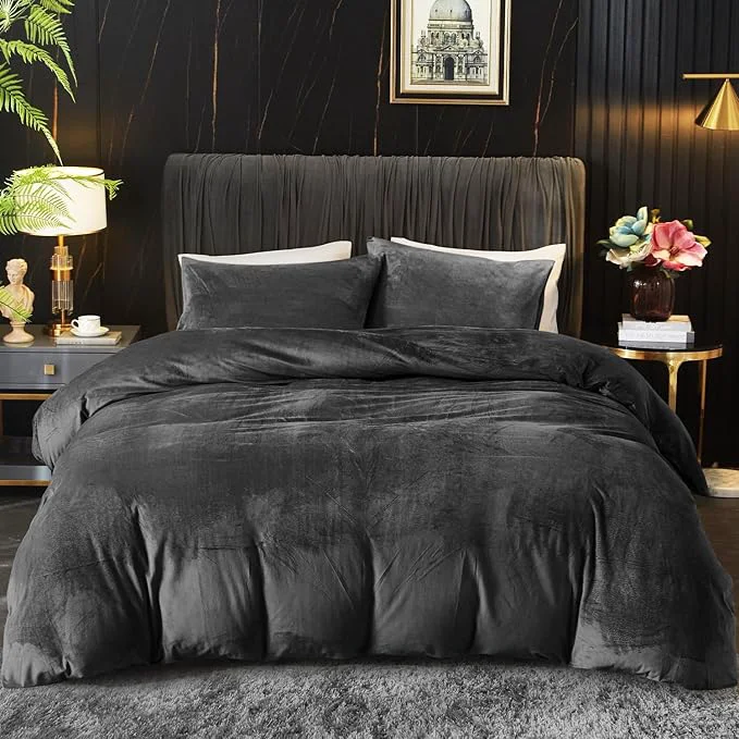 Safe Ivellow Velvet Duvet Cover King Set Charcoal Gray Velvet Duvet Cover King Comforter Cover 3Pcs Ultra Soft Duvet Cover Breathable Solid Luxury Flannel Velour Duvet Cover Zipper Closure Corner Tie Reliable