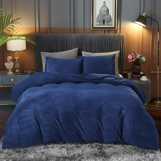 Consistent Ivellow Velvet Duvet Cover King Size 3 Pcs Flannel Navy Blue Duvet Cover King Velvet Comforter Cover Bedding Set Ultra Soft Cozy Solid Luxury Velour Duvet Cover Set Zipper Closure Corner Ties Exclusive