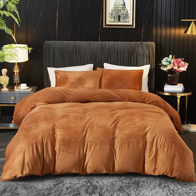 Safe Ivellow Velvet Duvet Cover King Set Burnt Orange Velvet Duvet Cover King Comforter Cover 3Pcs Ultra Soft Duvet Cover Breathable Solid Luxury Flannel Velour Duvet Cover Zipper Closure Corner Tie Official