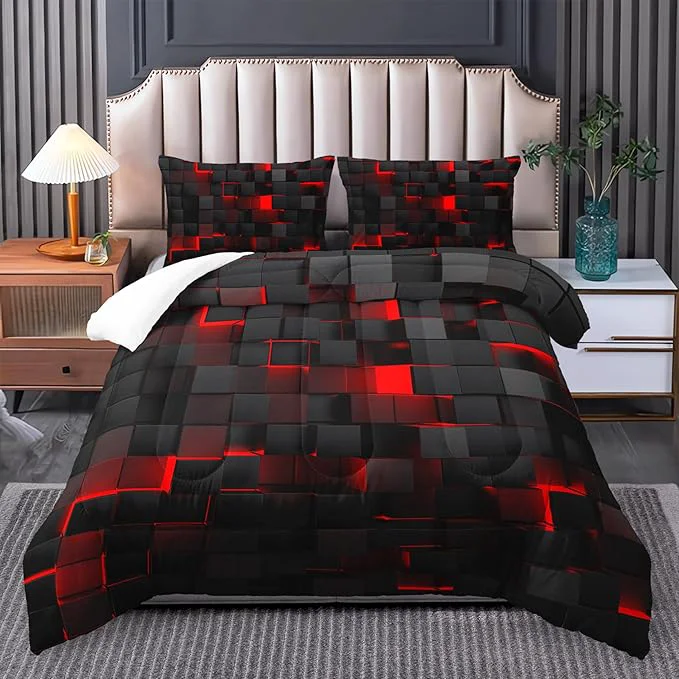Durable red and Black King Size Comforter Set red and Black Room Decor for Bedroom for Women King Quilt Bedding Set Geometry Modern