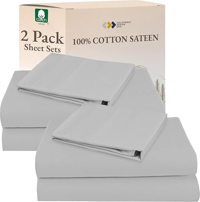 Solid California Design Den Cotton 2-Pack Twin XL Sheet Sets Soft amp Durable Extra Long Twin Bed Sheets with 12 quot Pockets Twin XL Sheets with Sateen Sheets Light Grey Classic