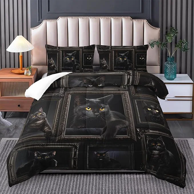 Official Queen Cat Comforter Set for Girls Kawaii Queen Size Bedding Cute Teen Girls Bedding Set Black Cat Room Decor Classic