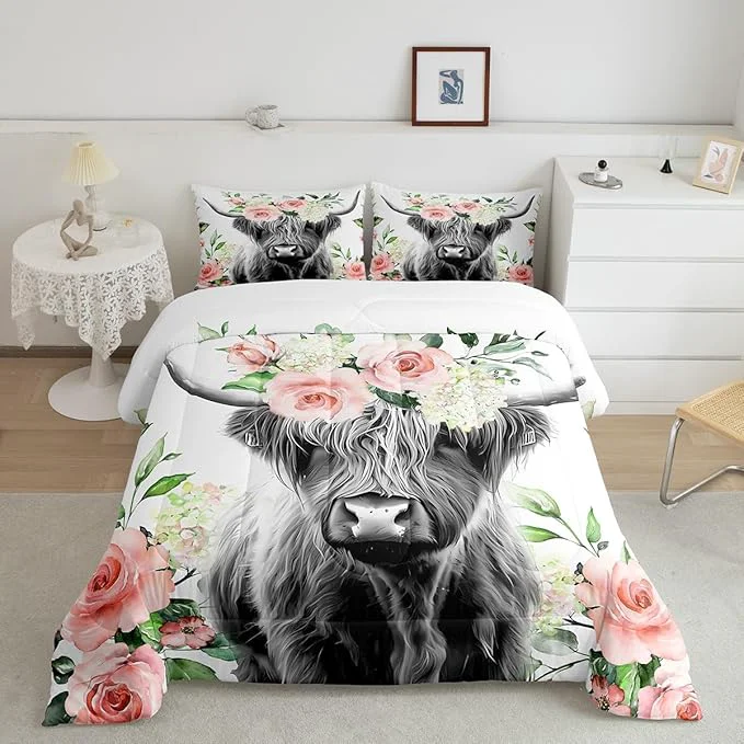 Certified Feelyou Highland Cow Bedding Set Kids Rose Floral Bull Cattle Comforter Set for Girls Teens Western Wildlife Animal Comforter Farmhouse Duvet Set Room Decor Quilt Set Twin Size Dependable