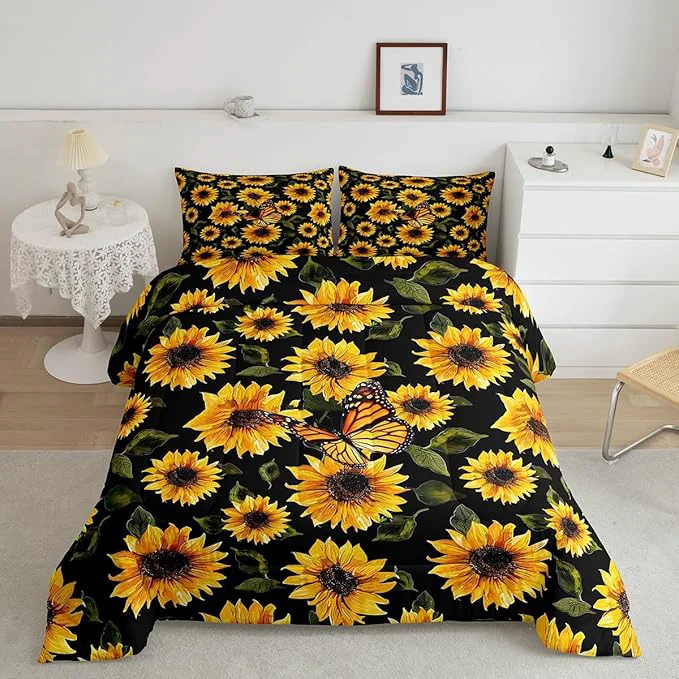 Relaxed Feelyou Sunflower Bedding Set Girls Yellow Floral Butterfly Comforter Chic Flowers Pattern Comforter Set for Kids Teens Botanical Nature Duvet Set Ultra Soft Room Decor Queen Size… Quality