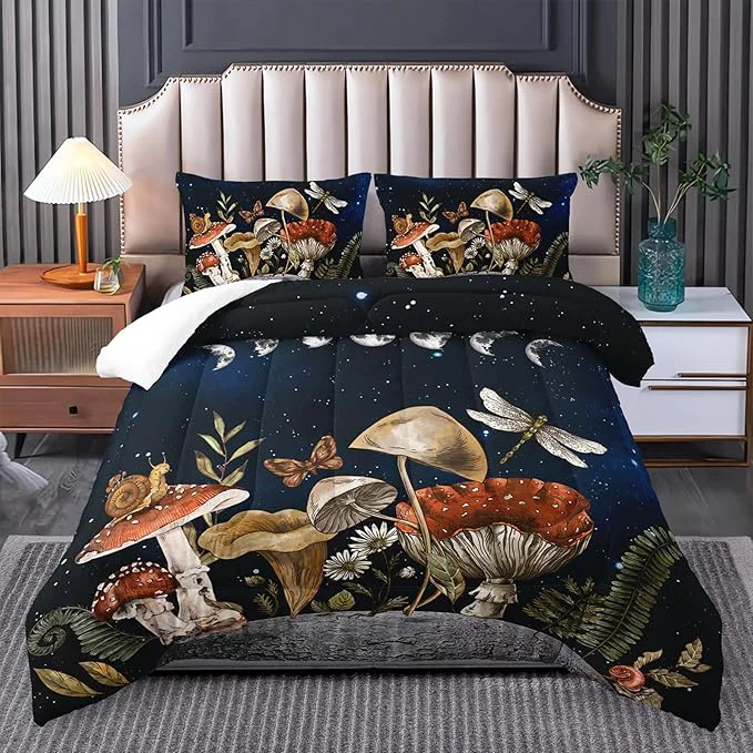 High-End Mushroom Bedding – Queen Size Boho Mushroom Decor Black Comforter Set Artisan