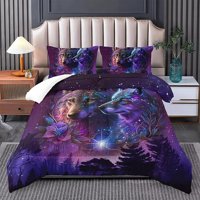 Reusable Wolf Bedding Set King Size – Camping Theme Comforter Set With Animal Print Versatile