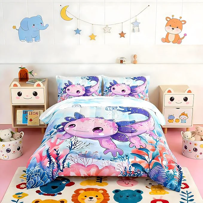 Unique Cute Axolotl Bedding Set Queen Size Color Axolotl Waterweed Jellyfish Pattern Toddler Bed Comforter Set Kawaii Ocean Life Bedding Sets for Kids Boys Girls Room Decor with 2 Pillowcases. Versatile