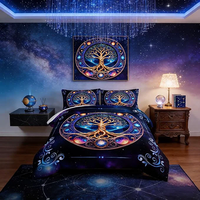 Clean Tree of Life Bedding King Comforter Set Mystic Planet Starry Sky Printed Bedding Comforter Sets for Kids Boys Girls Room Decor Bohemian Bedding Puffy Comforter Sets 2 Pillowcases. Traditional
