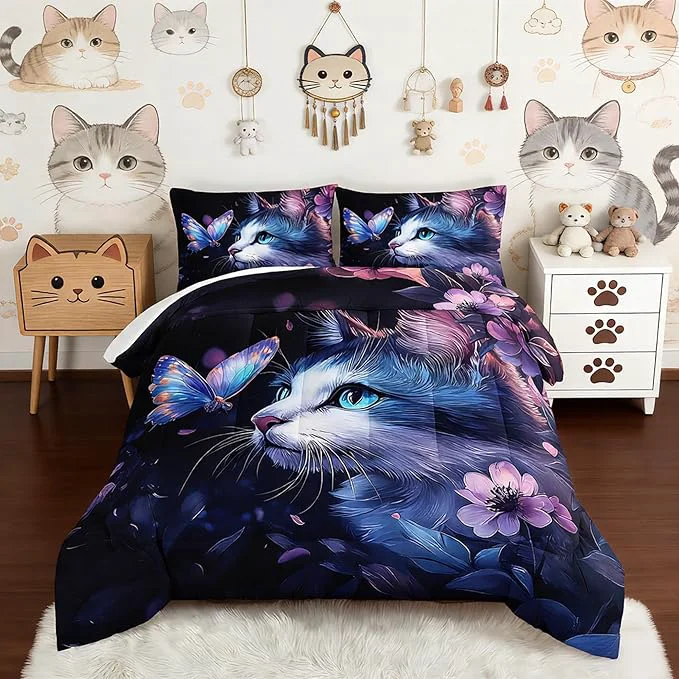 Expertly Made Kids Cat Comforter Set Full Size Fantasy Cats Butterfly Flowers Bedding Set for Kids Girls Kawaii Room Decor Cute Little Animal Themed Toddler Bedding Set with 2 Pillowcases. Functional