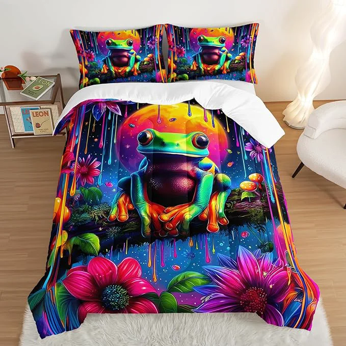 Smooth Cartoon Frog Bedding Set Cute King Size Colored Ink Flower Painting Comforter Sets for Kids Girls Boys Room Decor Cute Animals Themed Comforter Set with 2 Pillowcases. Eco-Friendly