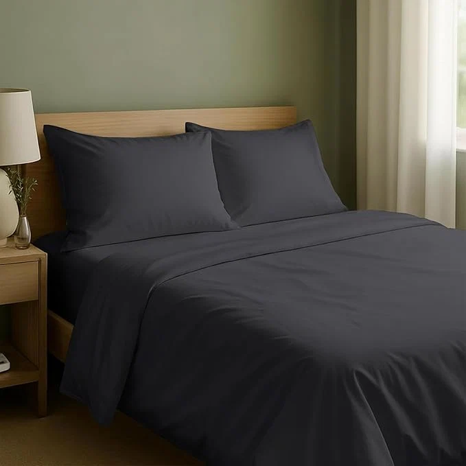 Genuine California Design Den Natural Cotton Sheets Full Size Bed Set with Deep Pockets – Soft Sateen Weave Durable Full Size Bed Sheets Dark Grey Black Tone Top-Quality