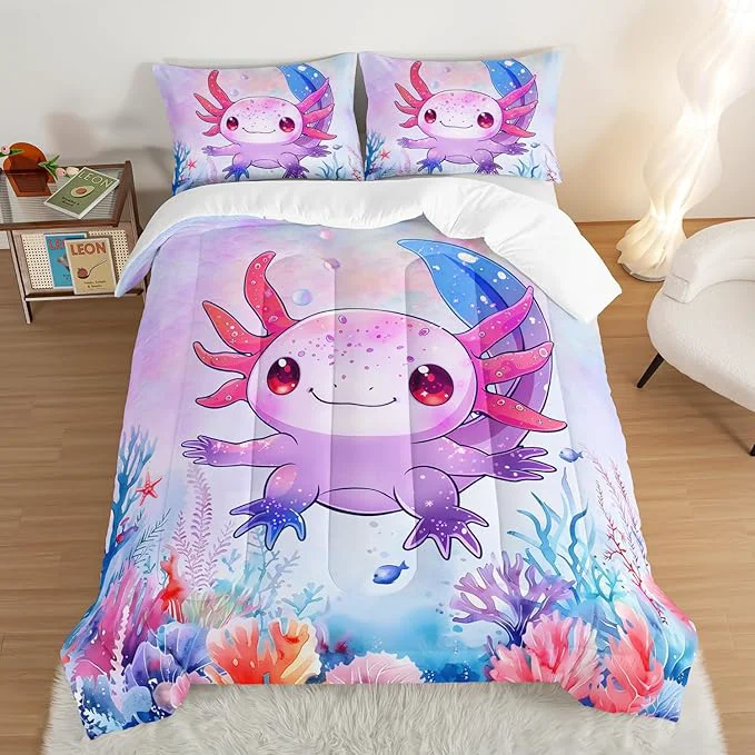 Specialty Cute Axolotl Bedding Set King Size Pink Axolotl Waterweed Pattern Toddler Bed Comforter Set Kawaii Sea Life Bedding Sets for Kids Boys Girls Room Decoration with 2 Pillowcases. Unique