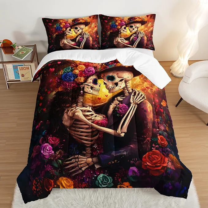 Next-Generation Skull Printed Comforter Set Queen Size Skeleton Couple Embrace Bedding Romantic Flower Comforter Set for Kids Girls Room Decor Artistic Aesthetics Bedding Set with 2 Pillowcases. High-Performance