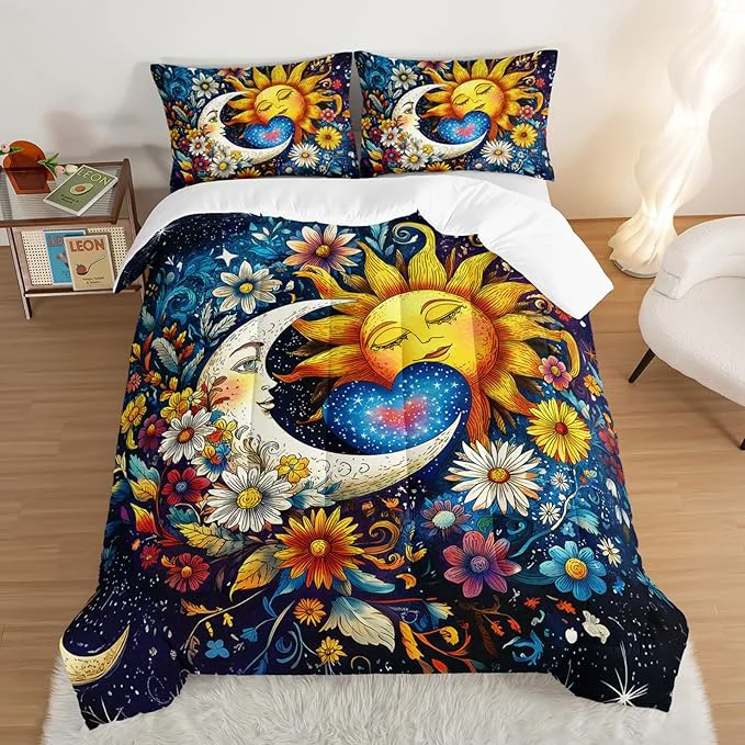 Trendy Bedding Sun and Moon Set Full Size Colorful Flowers Bohemian Exotic Gothic Comforter Sets for Kids Teens Girls Room Decor Universe Galaxy Bedding with 2 Pillowcases. Advanced