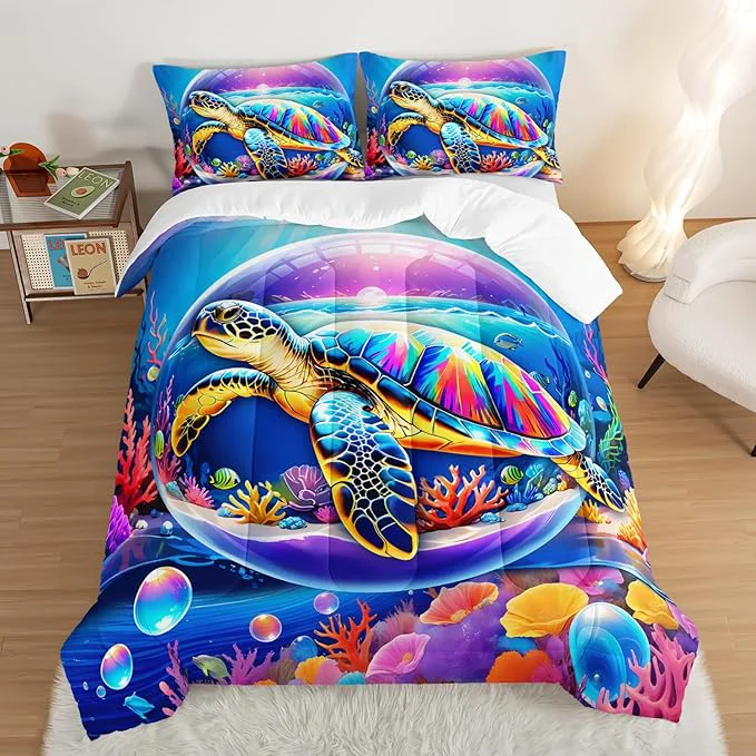 Recyclable Sea Turtle Comforter Set King Size Colorful Underwater World Toddler Bed Comforter Set Coastal Bedding for Kids Boys Girls Room Decor Sea Life Themed Comforter Sets 2 Pillowcases. Excellent