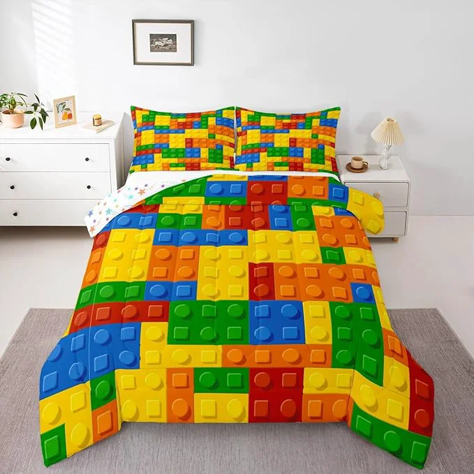 Long-Lasting Feelyou Games Comforter Set Queen Building Blocks Bedding Set for Kids Boys Girls Colorful Geometric Toy Brick Comforter Gaming Nursery Quilt Duvet Set with 2 Pillowcase Boys Responsible