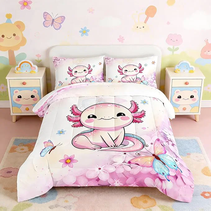 Relaxed Cartoon Axolotl Comforter Kids Bedding Set Axolotl Flower Butterfly Bedding Queen Size for Boys Girls Room Kawaii Decor Pink Toddler Comforter Sets with 2 Pillowcases. Healthy