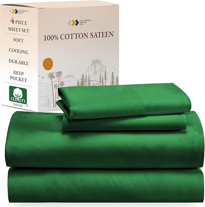 Enhanced California Design Den Natural Cotton Sheets Full Size Bed Set with Deep Pockets – Soft Sateen Weave Durable Bed Sheets Full Size Emerald Green Pure