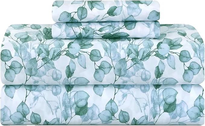Pure Feather amp Stitch Printed 500 TC King Size 4pc Damask Bed Sheet Set Soft Cotton Breathable Bedsheets 18 quot Deep Pockets Sateen Weave Striped Bedding Mattress Resort Hotel Luxury Decor – Green Leaf Recyclable