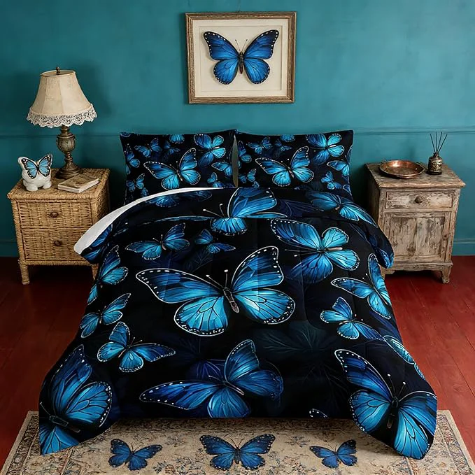 Fashionable Dream Blue Butterfly Comforter Set Full Size Boho Bedding Comforter Sets for Kids Boys Girls Bedroom Decor Aesthetic Animal Themed Bedding Soft Fluffy Comforter Sets with 2 Pillowcases. Easy-to-Use