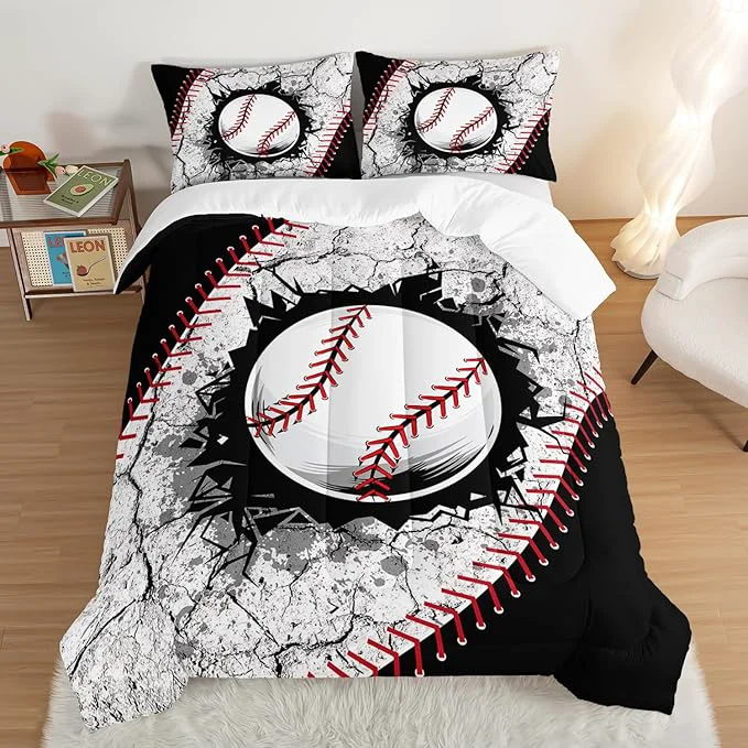 Crafted Baseball Comforter Sports Bedding Sets for Boys Sports Gamer Bedding Set for Kids Girls Boys Room Decor Black White Baseball Printed King Bed Comforter Set with 2 Pillowcases. Luxury