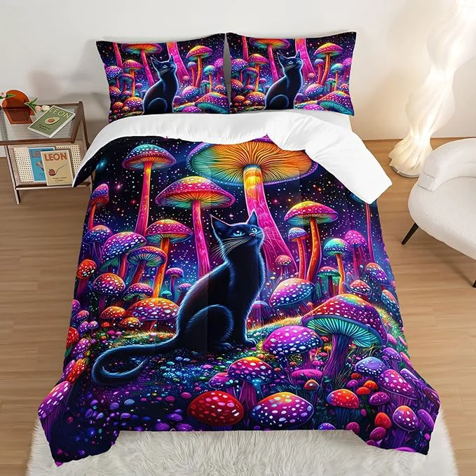 Efficient Cute Black Cat Bedding Set Full Size Kids Cartoon Cat Mushroom Flash Comforter Set for Kids Girls Boys Room Decor Boho Style Botanical Bedding Sets with 2 Pillowcases. Proven