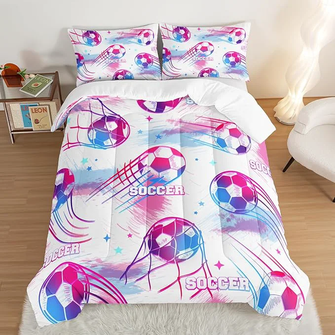 Selected Ball Games Bedding Football Full Comforter Set Pink and Blue Soccers Stars Bedding Set for Kids Girls Boys Room Decor Sports on The Court Aesthetic Bedding Sets with 2 Pillowcases. Carefully Designed