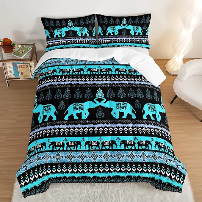 Selected Western Comforter Set Queen Size Elephant Print Bedding for Kids Blue Series Animal Themed Bedding Set for Boys Girls Room Decor Boho Bedding Comforter Sets with 2 Pillowcases. Pure
