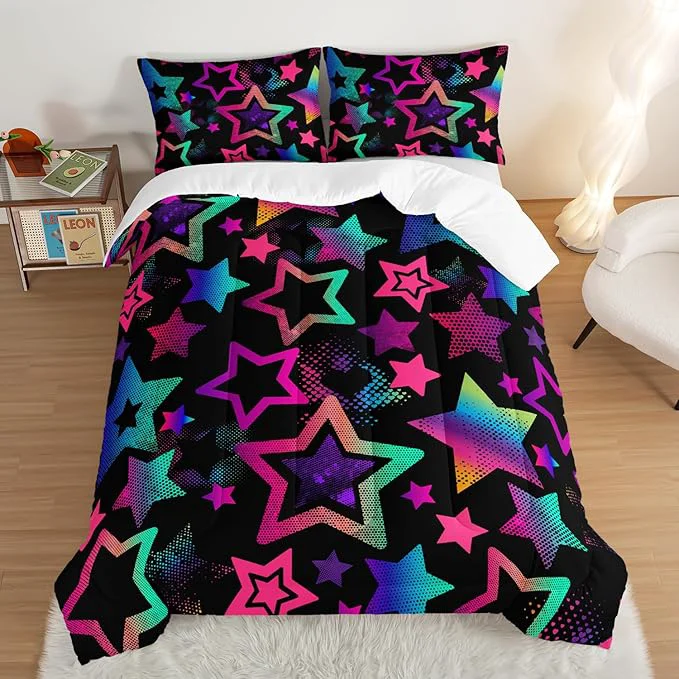 Contemporary Kawaii Color Star Comforter Set Kids Bedroom Set Neon Light Star Bedding Queen Size Comforter Sets for Boys Girls Room Decor Aesthetic Bedding Sets with 2 Pillowcases. Outstanding