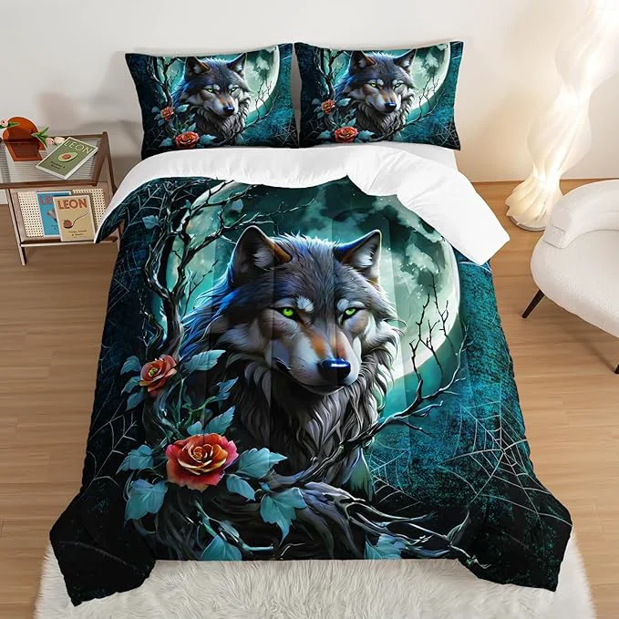 Functional Wildlife Themed Bedding Wolf Comforter Set Spooky Spider Web Vine Print Comforter Full Kids Bed in a Bag Moonlight Aesthetic Bedding Sets for Boys Teens Room Decor with 2 Pillowcases. Organic