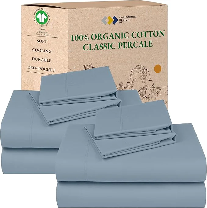 Convenient California Design Den 2-Pack Full Size Sheets Set – Organic Cotton Sheets Full Size Bed Set Crisp Percale Feel Deep Pockets Lightweight Bedding – Blue Hydrangea Genuine
