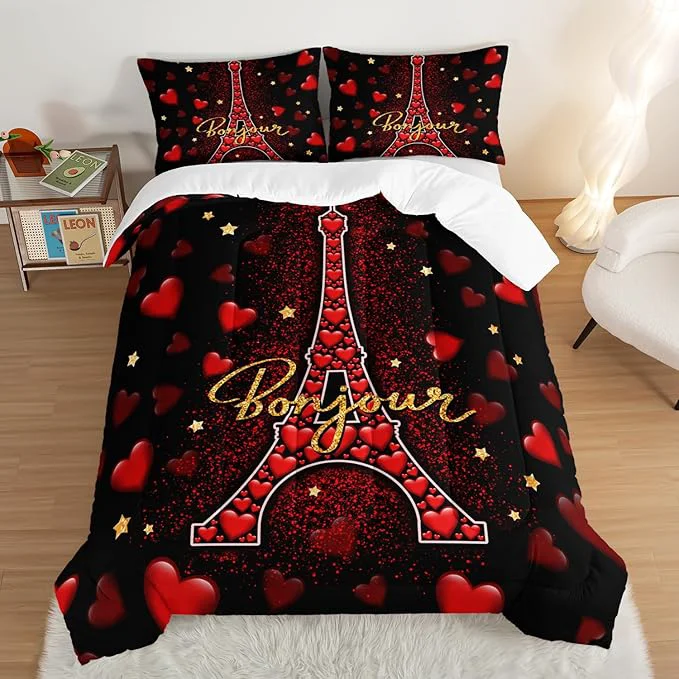 Comfortable Eiffel Tower King Size Comforter Sets Red Loving Heart Romantic Couple Bedding Set Paris Bedding Comforter Sets for Women Room Eiffel Tower Decor with 2 Pillowcases. Fine Crafted