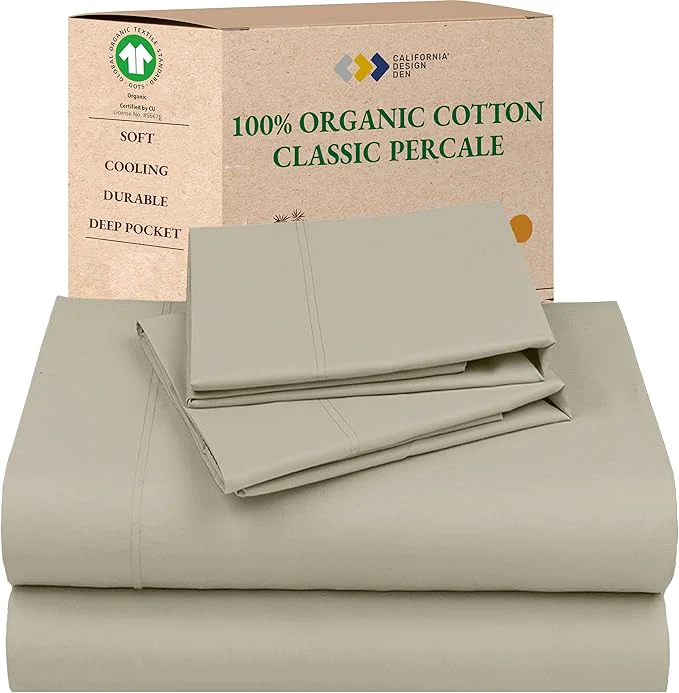 Fine Crafted California Design Den Sheets Queen Size Bed Set – Soft Organic Cotton Sheets with Deep Pockets Crisp Percale Breathable and Durable Bedding Set – Warm Taupe Easy-to-Use