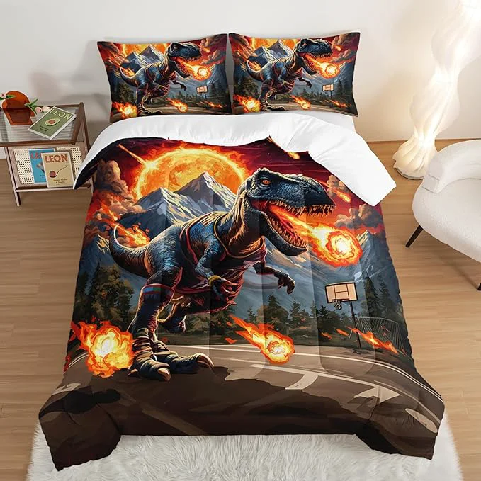 Prestigious Kids Fun Dinosaur 3 Piece Bedding Set Full Size Cartoon Dinosaur Fireball Comforter Set for Boys Girls Teens Room Decor Animal Themed Bed in a Bag with 2 Pillowcases. Effective