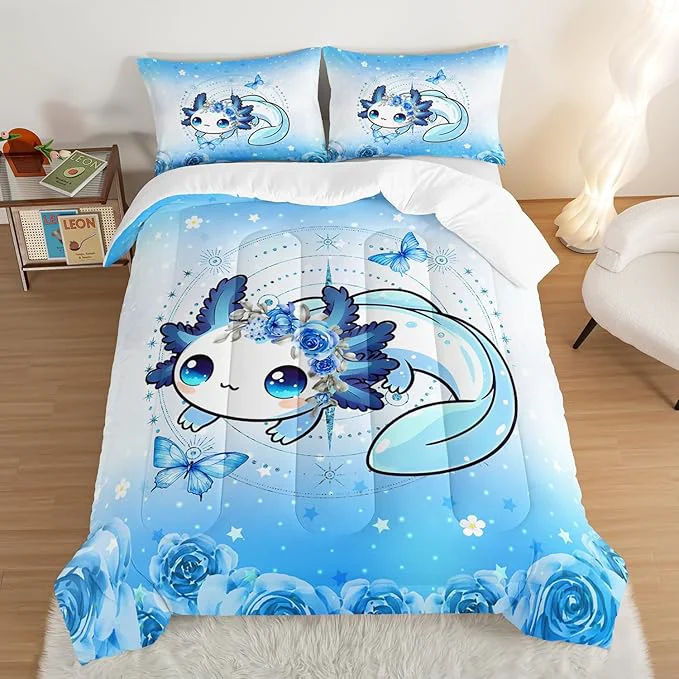 Artisan Cartoon Axolotl Comforter Twin Size Cute Ocean Animal Bedding Set for Teens Girls Room Decor Blue Comforter Set with 2 Pillowcases. Exceptional