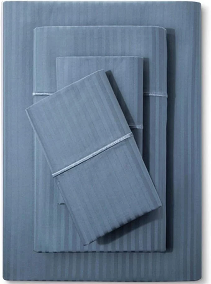 Contemporary Feather amp Stitch 500 TC Split King Size Damask Bed Sheet Set Cotton Soft Breathable Bedsheets 5 Piece 18 quot Deep Pockets Sateen Weave Striped Bedding Mattress Resort Hotel Luxury – Blue Stripe Environmentally Friendly