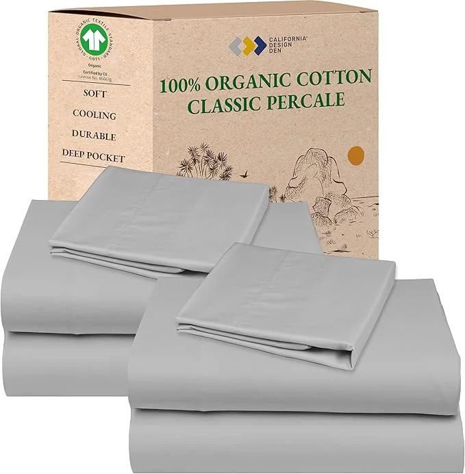 Fine Crafted California Design Den 2-Pack Twin Sheets Set – Organic Cotton Sheets Twin Size Bed Set Crisp and Breathable Percale Feel Deep Pockets Lightweight Bedding – Light Grey Outstanding