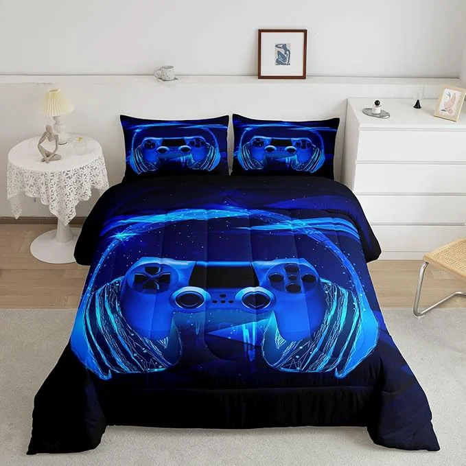 High-Grade Feelyou Gamer Bedding Set Kids Video Game Gamepad Comforter Set for Boys Teens Gaming Headset Comforter Breathable Blue Game Controller Duvet Set Room Decor Quilt Set Toddler Size Smart