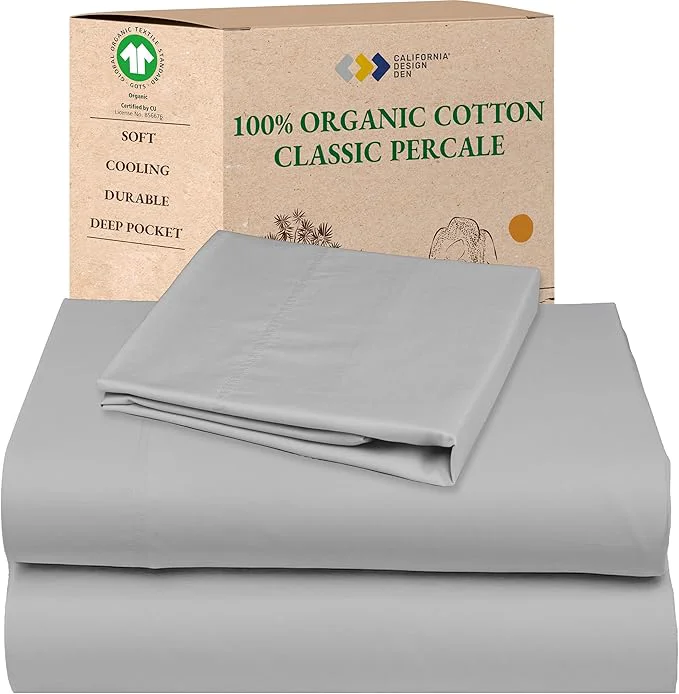 Original Design California Design Den Twin Sheet Set – Soft Organic Cotton Bed Sheets with Deep Pockets Crisp Percale Breathable and Durable Bedding Set – Light Grey Genuine