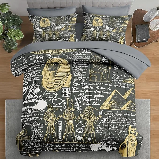 Lightweight Comforter Set King Size Retro Egyptian Egypt 7 Pcs Bedding for Kids and Adults God Pharaoh Abstract Bed Sheet Sets with Fitted Sheet 2 Pillowcases amp 2 Shams for Bedroom Bed Decor Powerful
