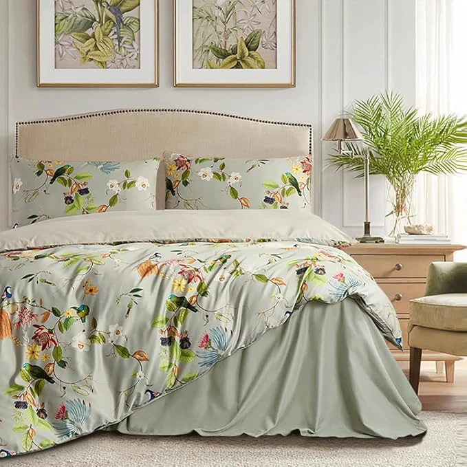 Effective mixinni Duvet Cover Queen Size Set Floral Leaves Pattern Cotton Bird Printed Bedding Duvet Covet Set with Zipper Ties for Him and Her Easy Care Soft and Breathable- 3pcs Queen Size Certified