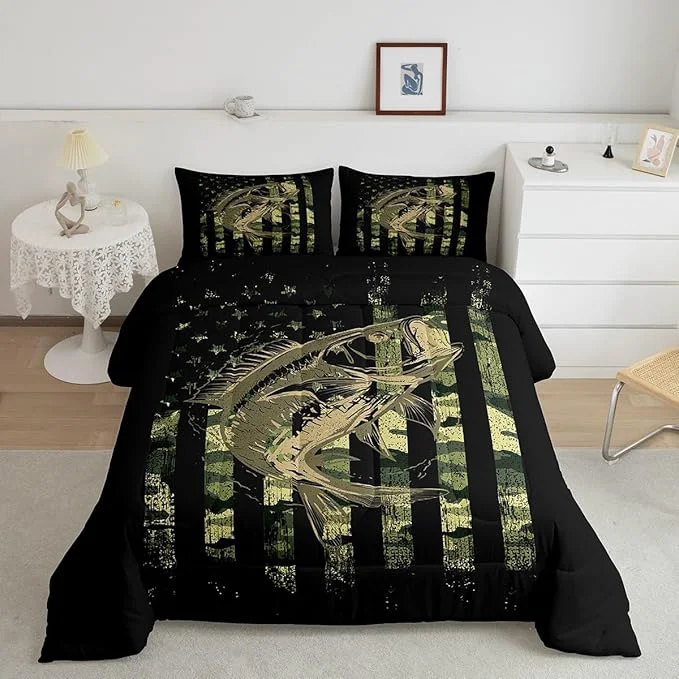 High-Quality Feelyou Bass Fish Comforter Set Twin Size Fisherman Camouflage Bedding Set Pike Fish Camo American Flag Comforter for Women Men Fsihing Lover Room Farmhouse Fishing Bed Set Wild Quilted Set 2Pcs Fine Crafted