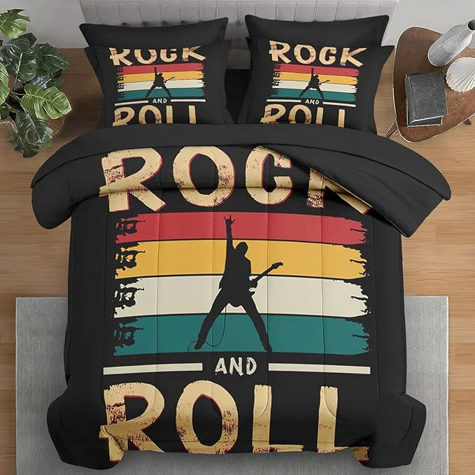 High-Grade Comforter Set Queen Size Rock Roll Music Vintage 7 Pcs Bedding for Kids and Adults Retro Guitar Disco Bed Sheet Sets with Fitted Sheet 2 Pillowcases amp 2 Shams for Bedroom Bed Decor High-Performance