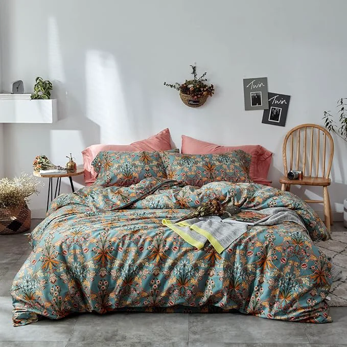 Expertly Made mixinni Vintage Style Garden Flower Duvet Cover Set with Zipper Closure Long Staple Percale Cotton Yellow Vibrant Pattern on Bedding Quilt Cover Set King All Season Long-Lasting