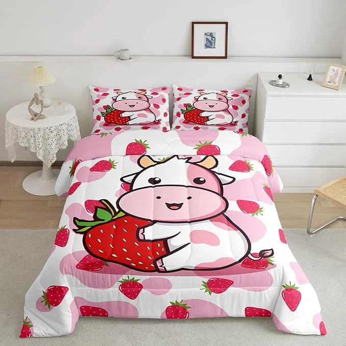 Elegant Feelyou Milk Cow Comforter Pink White Cow Strawberry Comforter Set Bedding Set for Kids Adults Kawaii Girls Milk Cow Print Duvet Set Soft Room Decor King Size Quilt Boys Proven