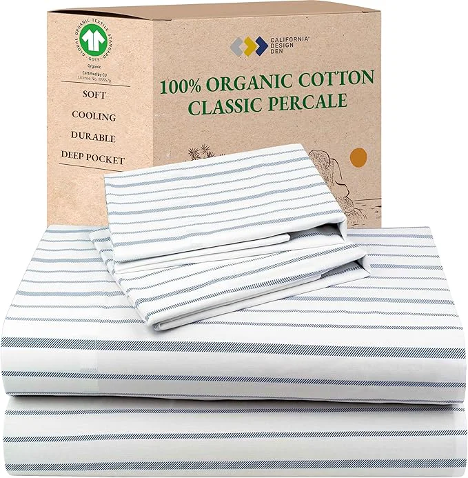 Professional California Design Den King Bed Sheets Stripe Organic Cotton Percale Sheets Deep Pocket King Sheets amp Pillowcase Set – Blue Stripe Minimalist